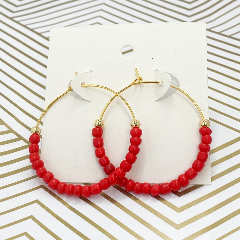 Gold earrings red beaded hoops